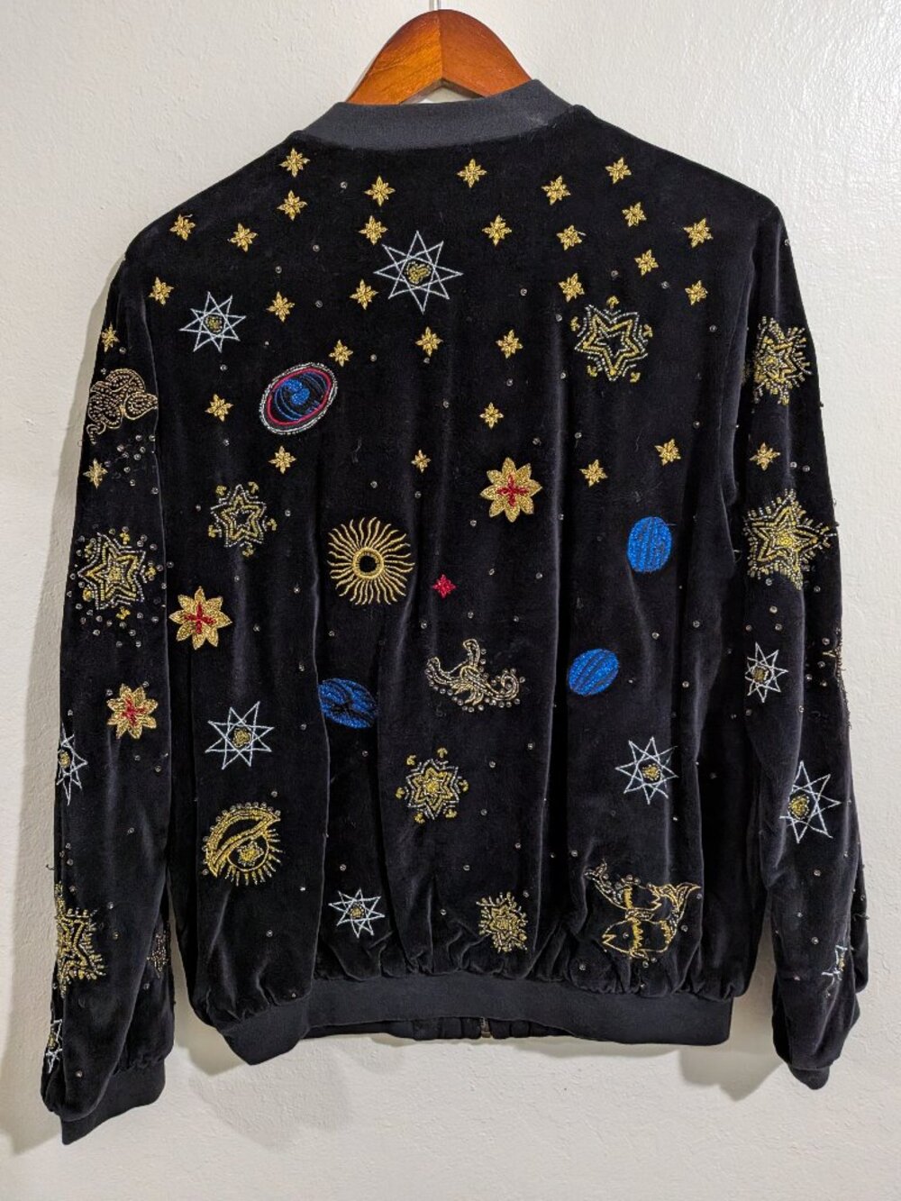 Anthropologie Black Velvet Celestial Embroidered & Beaded Bomber Jacket - Picture 2 of 8